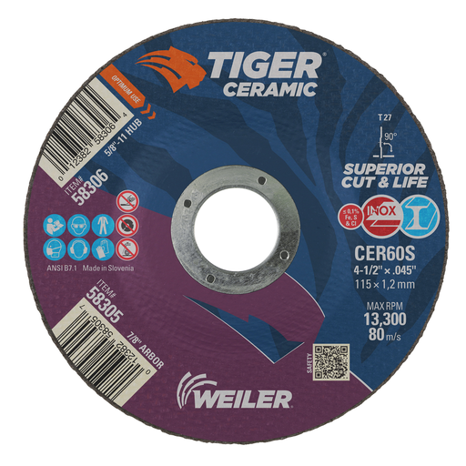 4-1/2" x .045" TIGER CERAMIC Type 27 Cutting Wheel CER60S 7/8 A.H.