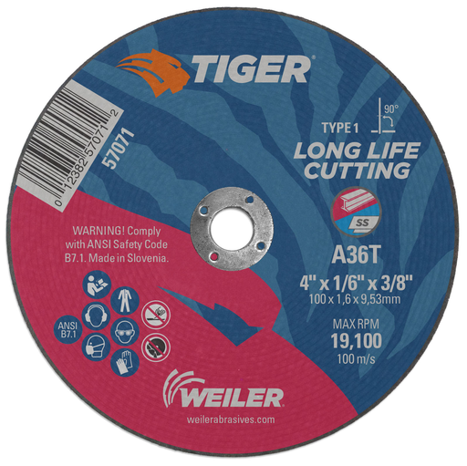 4" x 1/16" TIGER AO Type 1 Cut-Off Wheel, A36T, 3/8" A.H.