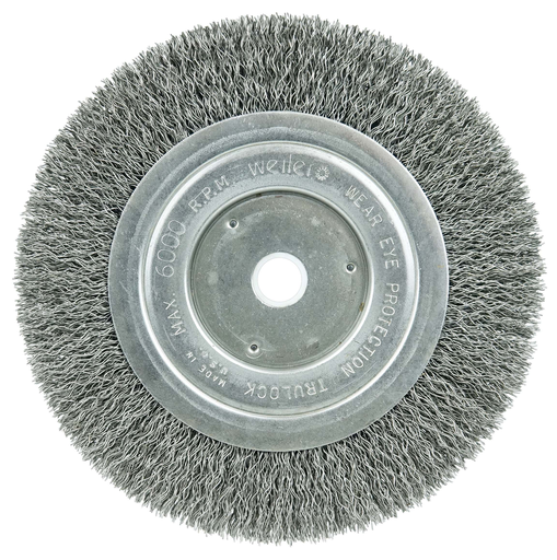 6" Narrow Face Crimped Wire Wheel, Short Trim, .014" Steel Fill, 5/8"-1/2" Arbor Hole