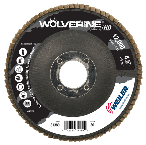 4-1/2" Wolverine High Density Flap Disc, Flat (TY27), Phenolic Backing, 80Z, 7/8" Arbor Hole