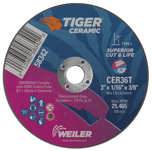 3" x 1/16" TIGER CERAMIC Type 1 Cut-Off Wheel, CER36T, 3/8" A.H.