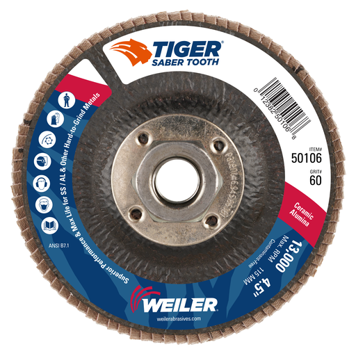 4-1/2" Tiger Ceramic Abrasive Flap Disc, Conical (TY29), Phenolic Back,60C, 5/8"-11 UNC Nut
