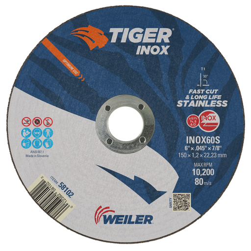 6" x .045" TIGER INOX Type 1 Cut-Off Wheel, INOX60S, 7/8" A.H.