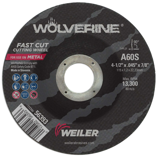 4-1/2" x .045" Wolverine Type 27 Cutting Wheel, A60S, 7/8" A.H.