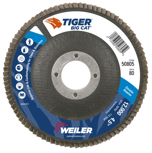 4-1/2" Big Cat Abrasive Flap Disc, Flat (TY27), Phenolic Backing, 80Z, 7/8" Arbor Hole