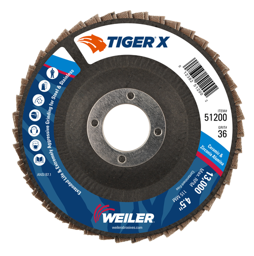 4-1/2" Tiger X Flap Disc, Conical (TY29), Phenolic Backing, 36Z, 7/8" Arbor Hole