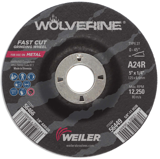 5" x 1/4" Wolverine Type 27 Grinding Wheel, A24R, 7/8" A.H.