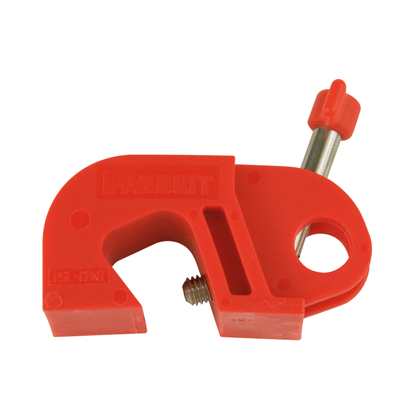 Product image for Panduit PSL-CBNT-V No-Tool Circuit Breaker Lockout Device, Red, 5 pack.