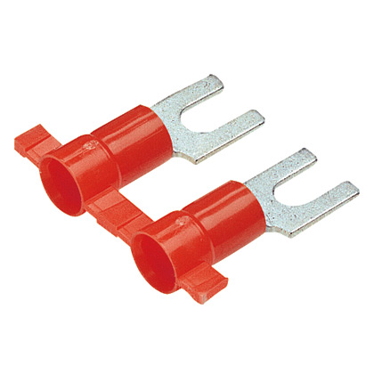 Product image for Panduit PV18-8FB-3K Fork Terminal, Red, Vinyl, 18-22 AWG, #8 Stud, PK3000