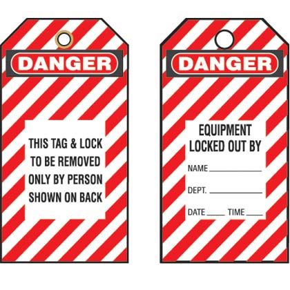 Product image for Panduit PVT-98 Plastic Tag, 'Danger This Tag & Lock .', 5 tags & ties/pk, RB/WH (striped)