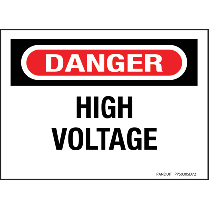 Product image for Panduit PPS0305D72 Adhesive Sign, Polyester, Danger Header, Legend HIGH VOLTAGE, 3.5" x 5", 1 sgn/cd, RD and BL/WH