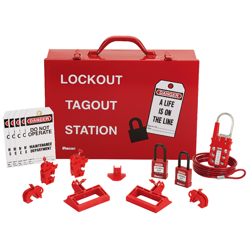 Product image for Panduit PSL-KT-PWRP Power and Panel Distribution Lockout Kit, Red, 1/KT w/PowerLok Lockout Device and Panel Distribution Lockout Kit with components, Red