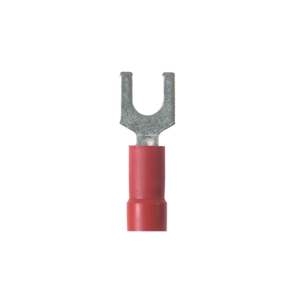 Product image for Panduit EV18-10FBK-Q Loose Piece Fork, Red, Vinyl, 1/5" Stud, 22-18AWG, PK25