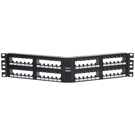 Product image for Panduit CPPA48FM6BL , Angled,Unshielded, Patch Panel, 48 Port, 2 RU, Black
