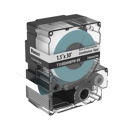 Product image for Panduit T150X000BPM-BK PXE Cassette, Continuous Tape, Polyester, 1.5" W x 30' L, Black/WH