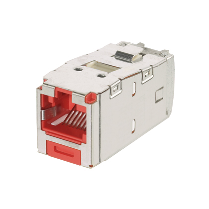 Product image for Panduit CJSK5E88TGRD Mini-Com Keyed Module, Cat 5e, Shielded, 8 pos 8 wire, Universal, Red, TG Style
