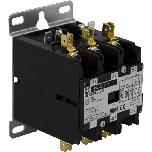 Product image for Square D 8910DPA33V09Y244 208 to 240 VAC 30 Amp 3-Pole NEMA 1 Non-Reversing Definite Purpose Contactor