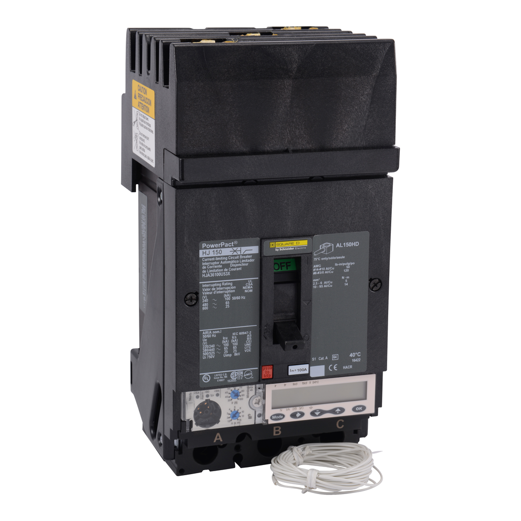 HJA36100U53X – Circuit breaker, PowerPacT H, 100A, 3 pole, 600VAC, 25kA, I-Line, Micrologic 5.2E, 80%, ABC