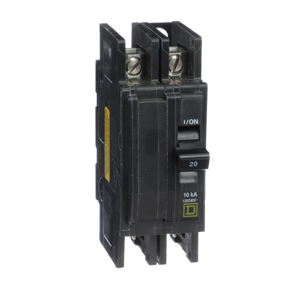 QOUQ220B – Mini circuit breaker, QOU, 20A, 2 pole, 120/240 VAC, 10kA, four point quick connect terminals, bulk pack