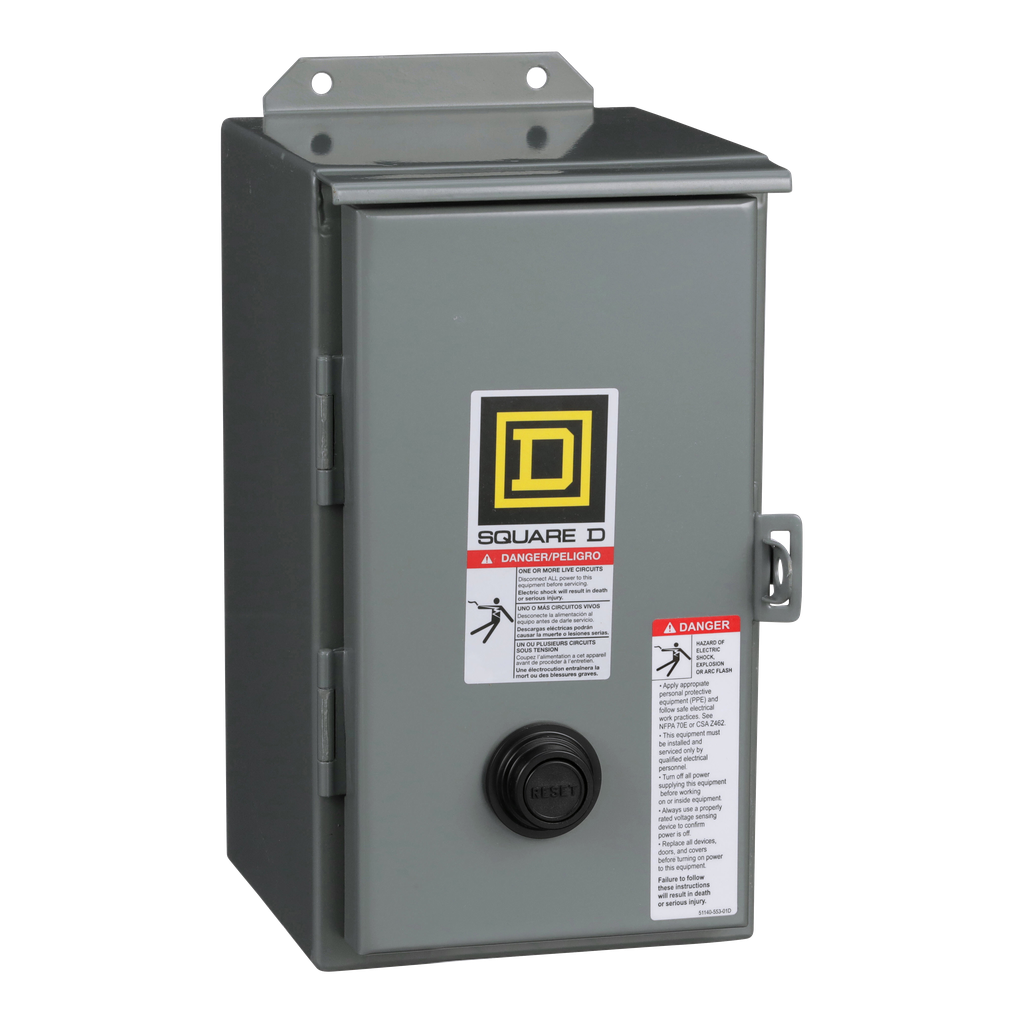 8536SCA3V02S – NEMA motor starter, Type S, nonreversing, Size 1, 27A, 10HP at 460VAC, 5kA SCCR, 3 phase, 3 pole, melting alloy, 120VAC coil, NEMA 12