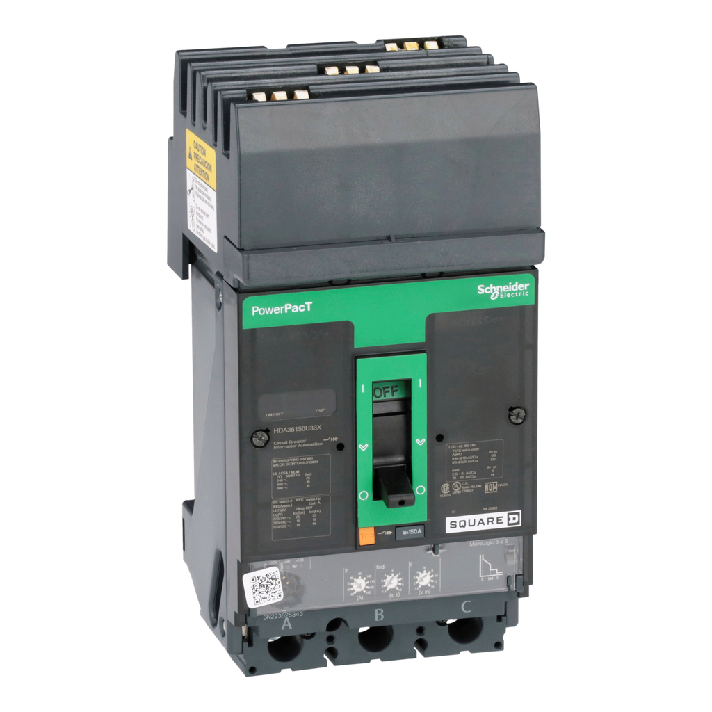 HDA36150U33X – Circuit breaker, PowerPacT H, 150A, 3 pole, 600VAC, 14kA, I-Line, Micrologic 3.2S, 80%, ABC