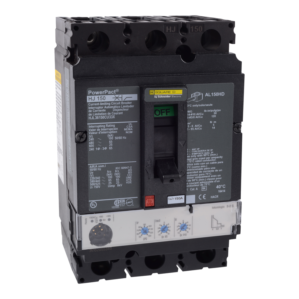 HJL36150CU33X – Circuit breaker, PowerPacT H, 150A, 3 pole, 600VAC, 25kA, lugs, Micrologic 3.2S, 100%
