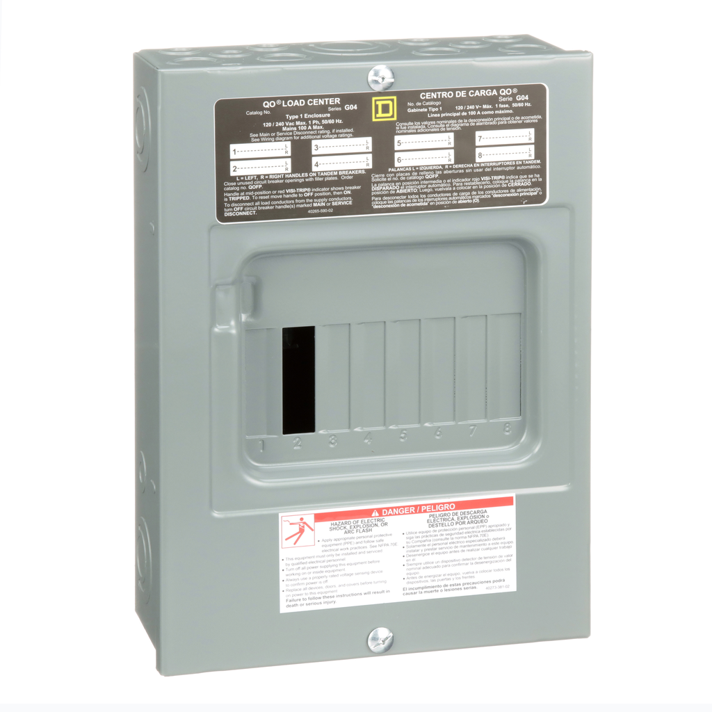 QO816L100TS – Load center, QO, 1 phase, 8 spaces, 16 circuits, 100A fixed main lugs, NEMA1, gnd bar, surface cover, CSA