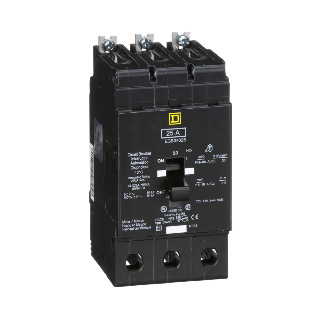 EGB34025 – Mini circuit breaker, E-Frame, 25A, 3 pole, 480Y/277VAC, 65kA max, bolt on