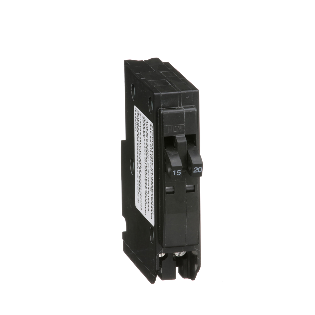 QO1520 – Tandem mini circuit breaker, QO, 1 x 1 pole at 15A, 1 x 1 pole at 20A, 120/240VAC, 10kA, plug in