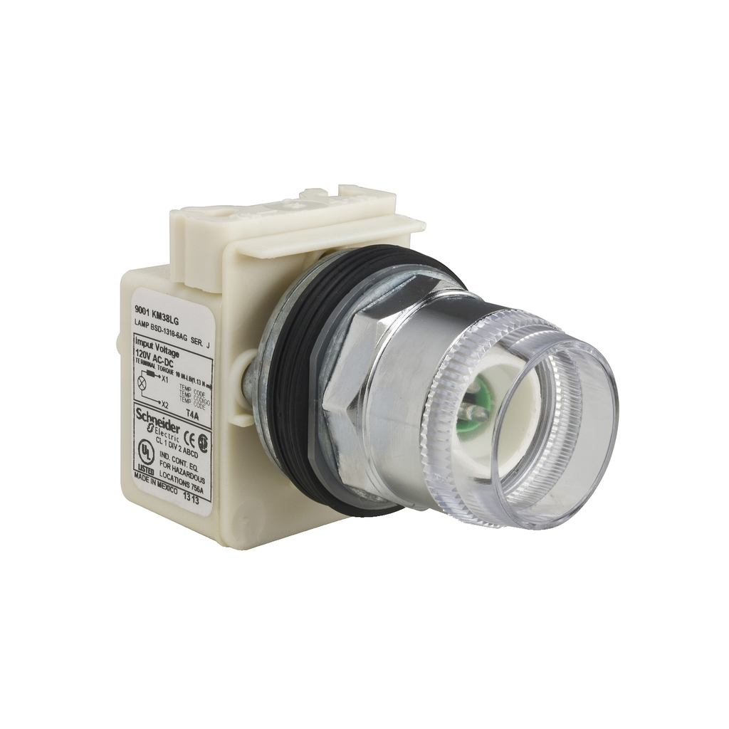 Mayer-DDS-30mm push button, Type K, illuminated momentary, full guard, 120VAC/VDC green LED light module, no contacts, no lens, NEMA 4-1
