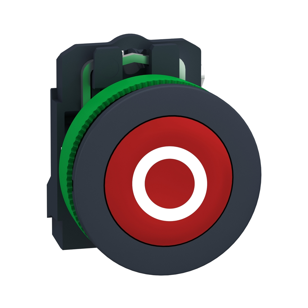 Mayer-DDS-Harmony XB5, Push button flush mounted, plastic, red, 30mm, spring return,marked O, 1 NC-1