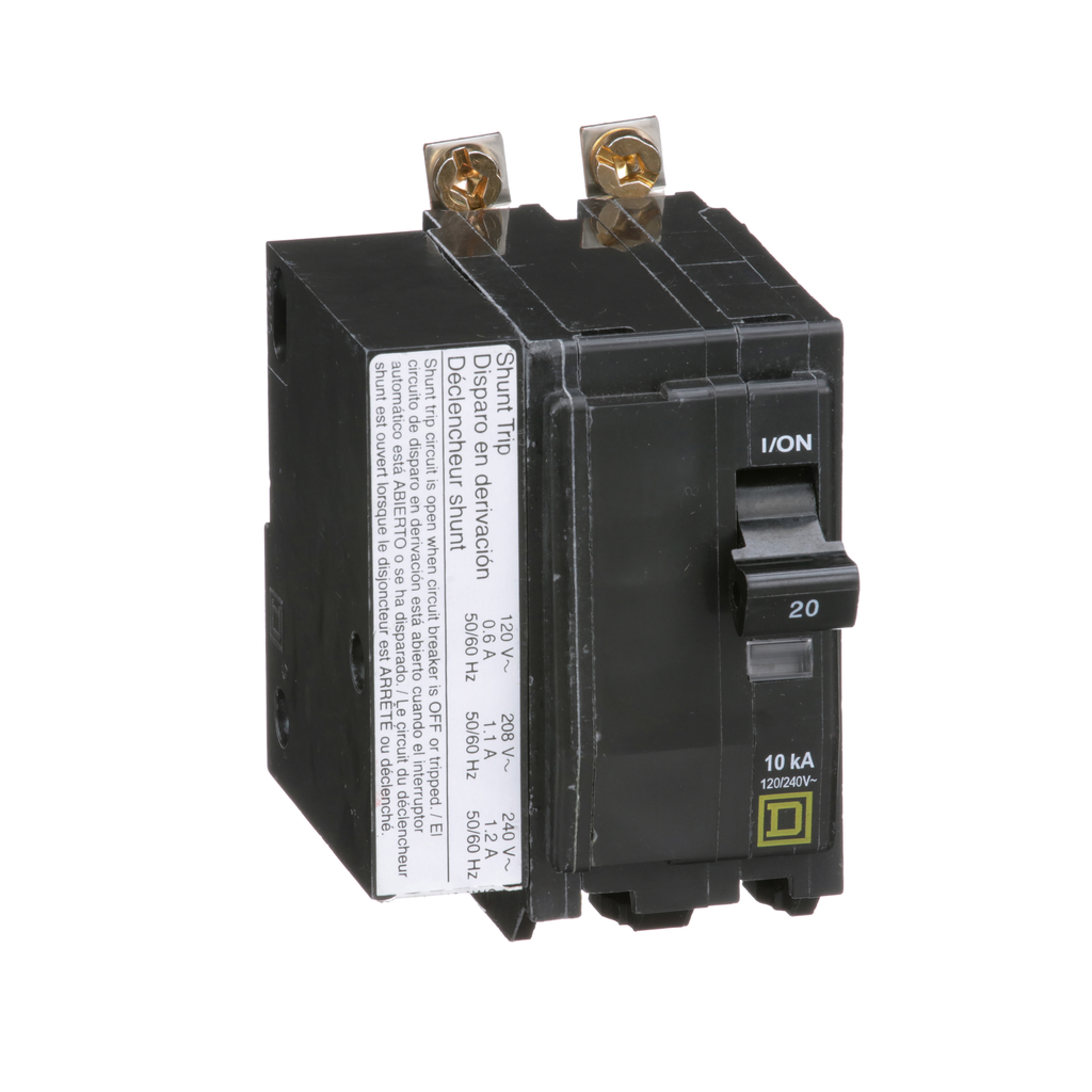 QOB2201021 – Mini circuit breaker, QO, 20A, 2 pole, 120/240VAC, 10kA, bolt on, AC shunt