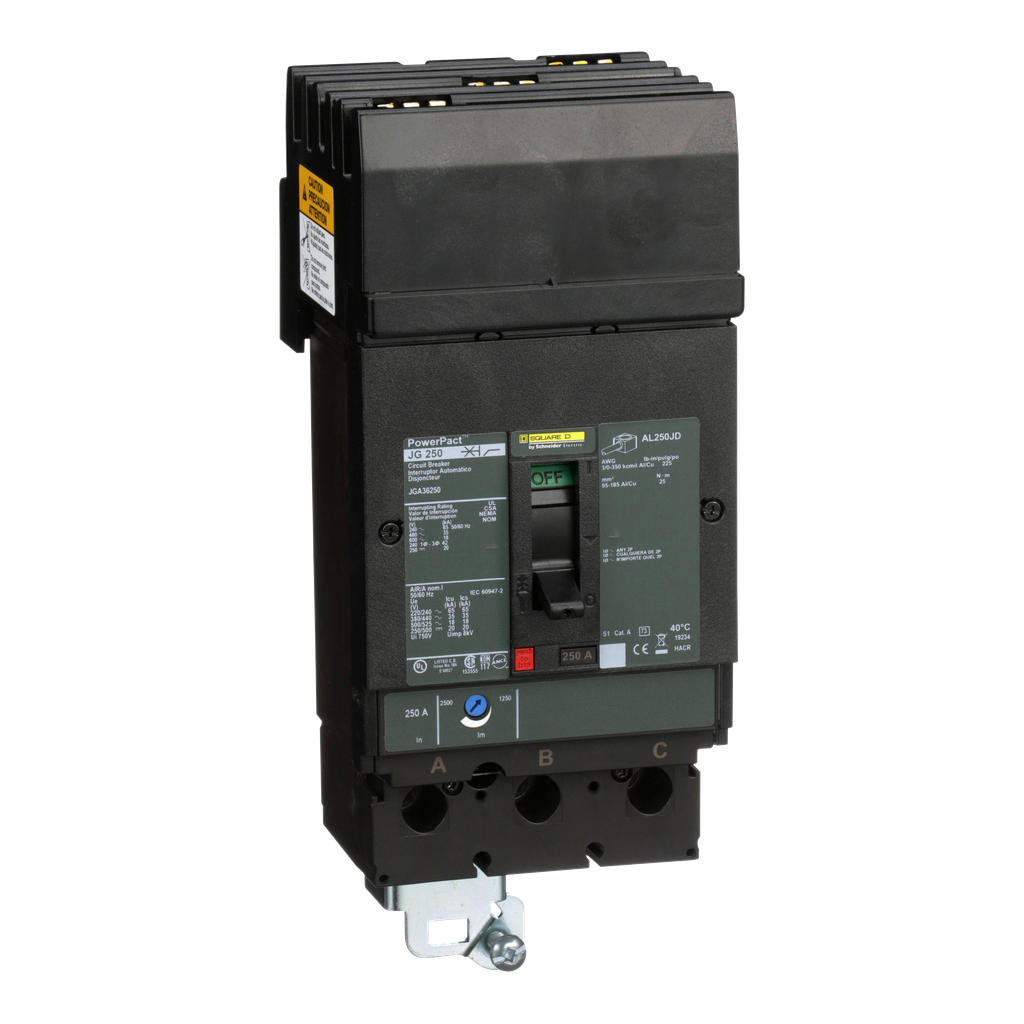 JGA36250 – Circuit breaker, PowerPacT J, 250A, 3 pole, 600VAC, 18kA, I-Line, thermal magnetic, 80%, ABC