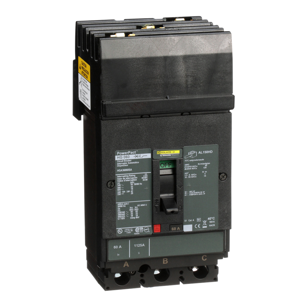 HGA36060SA – Circuit breaker, PowerPacT H, 60A, 3 pole, 600VAC, 18kA, I-Line, thermal magnetic, 80%, shunt, ABC