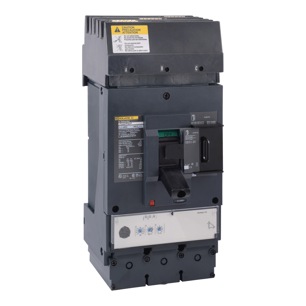 LJA36400U31XYP – Circuit breaker, PowerPacT L, 400A, 3 pole, 600VAC, 25kA, I-Line, MicroLogic 3.3, 80%, ABC, padlock handle