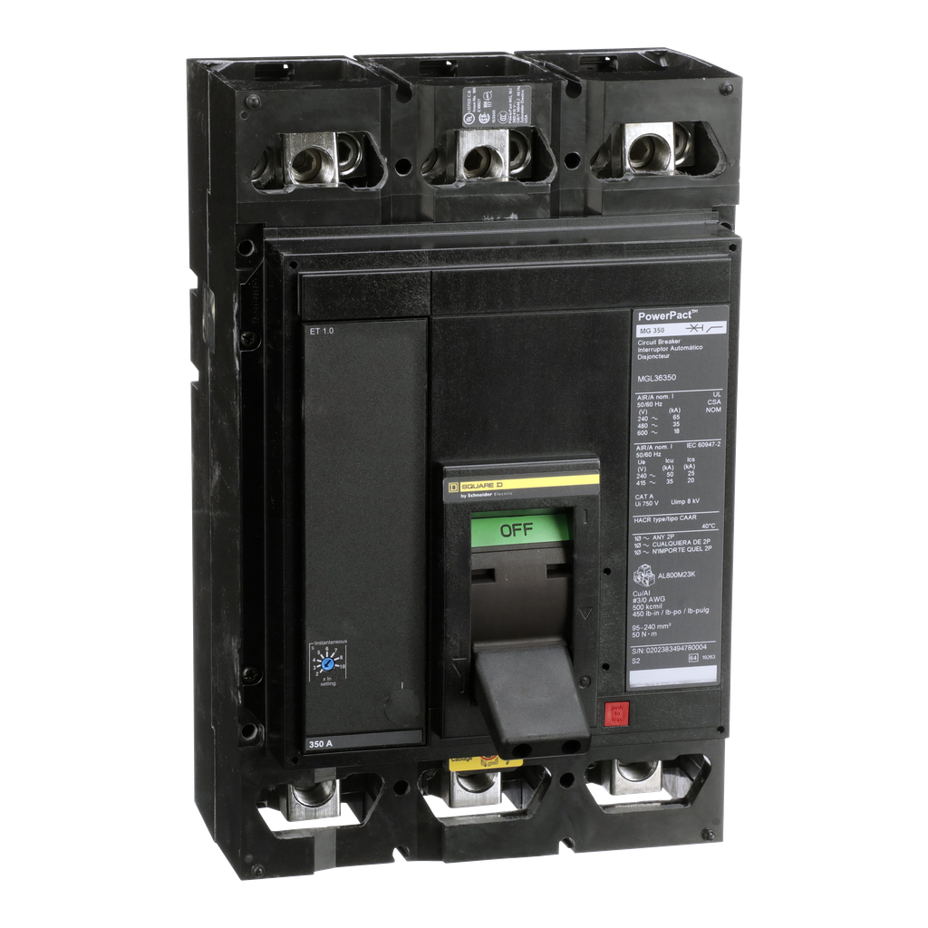 MGL36350 – Circuit breaker, PowerPacT M, 350A, 3 pole, 600VAC, 18kA, lugs, ET 1.0, 80%
