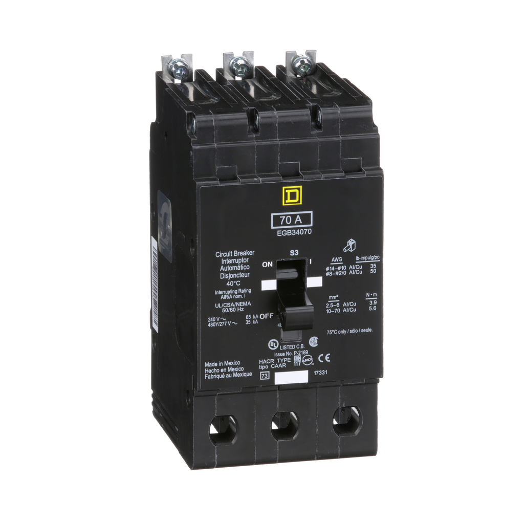 EGB34070 – Mini circuit breaker, E-Frame, 70A, 3 pole, 480Y/277VAC, 65kA max, bolt on