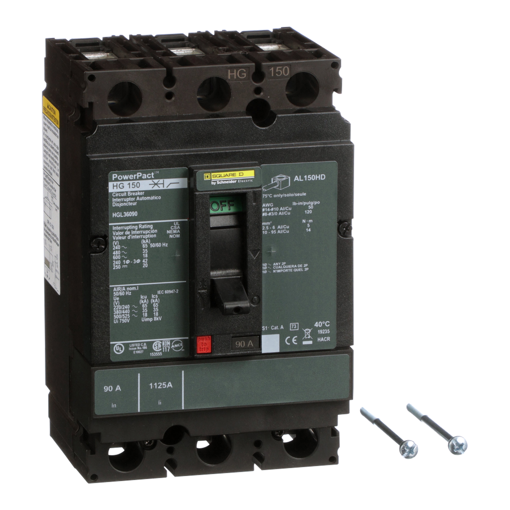 HGL36090 – Circuit breaker, PowerPacT H, 90A, 3 pole, 600VAC, 18kA, lugs, thermal magnetic, 80%