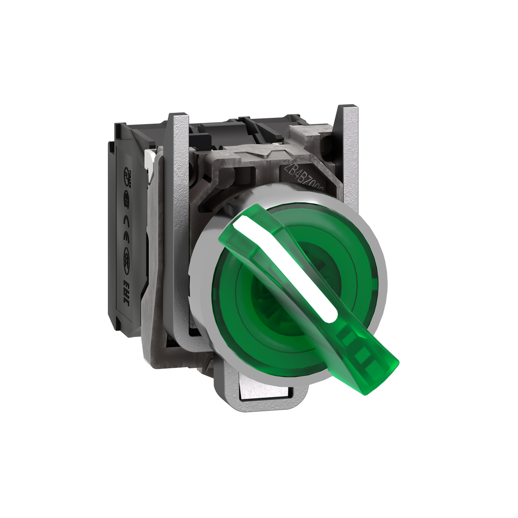 XB4BK123B5 – Illuminated selector switch, Harmony XB4, metal, green handle, 22mm, universal LED, 2 positions, 1NO   1NC, 24V AC DC