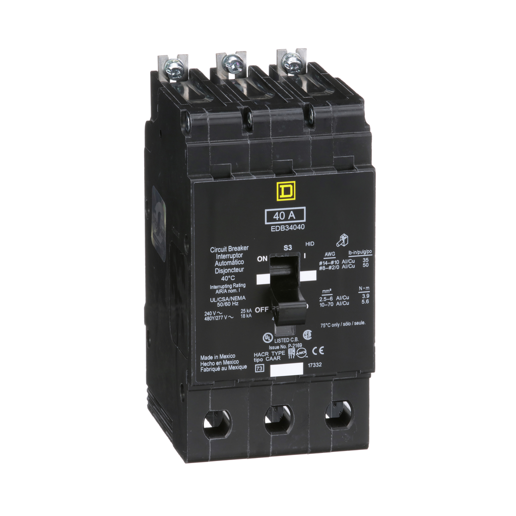 EDB34040 – Mini circuit breaker, E-Frame, 40A, 3 pole, 480Y/277VAC, 25kA max, bolt on