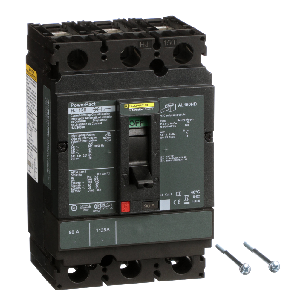 HJL36090 – Circuit breaker, PowerPacT H, 90A, 3 pole, 600VAC, 25kA, lugs, thermal magnetic, 80%