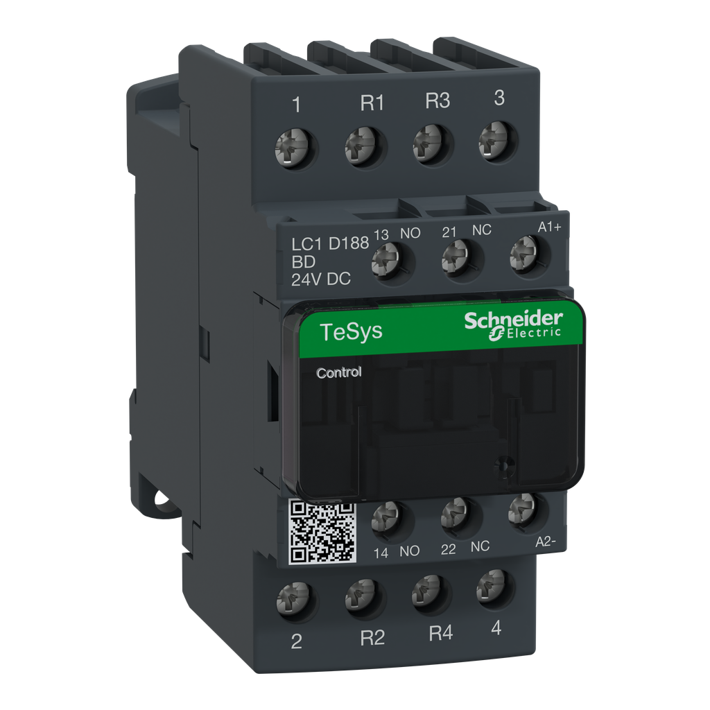 LC1D188BD – IEC contactor, TeSys Deca, nonreversing, 32A resistive, 4 pole, 2 NO and 2 NC, 24VDC coil, open style