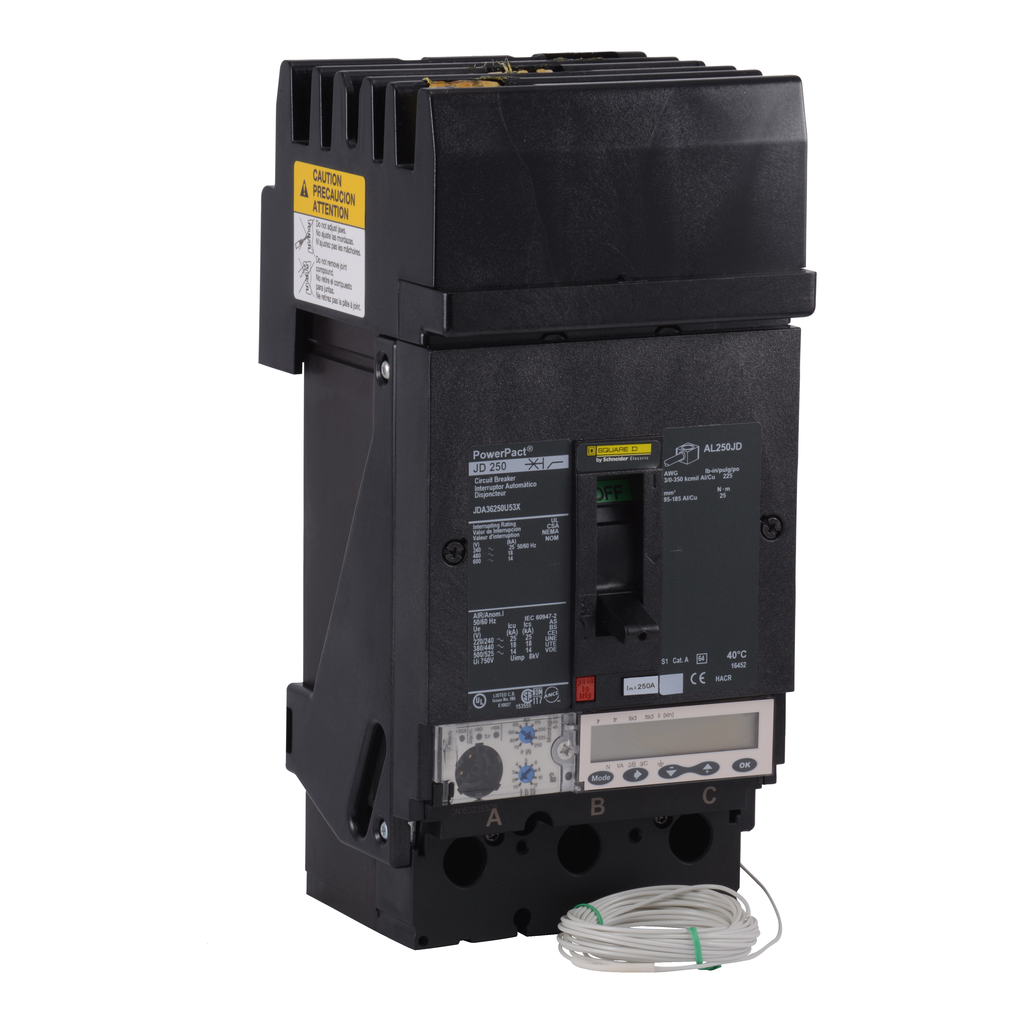 JLA36250U53X – Circuit breaker, PowerPacT J, 250A, 3 pole, 600VAC, 50kA, I-Line, Micrologic 5.2E, 80%, ABC