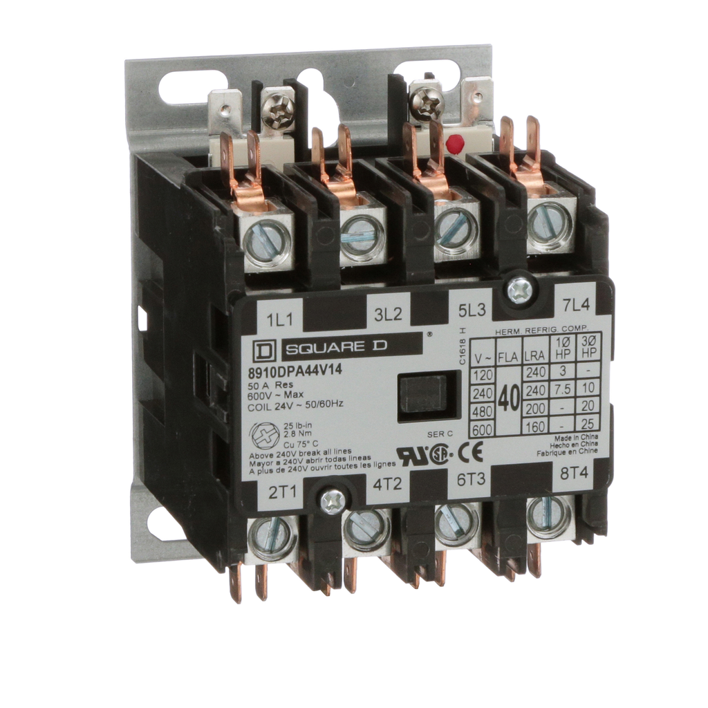 8910DPA44V14 – Contactor, Definite Purpose, 40A, 4 pole, 25HP at 575VAC, 3 phase, 24/24VAC 50/60Hz coil, open