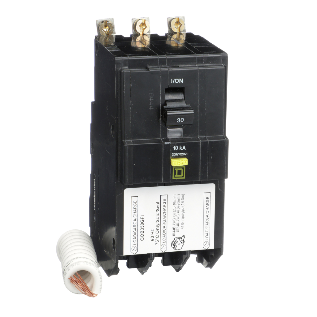 QOB330GFI – Mini circuit breaker, QO, 30A, 3 pole, 208Y/120VAC, 10kA, bolt on, 6mA grd fault A, pigtail