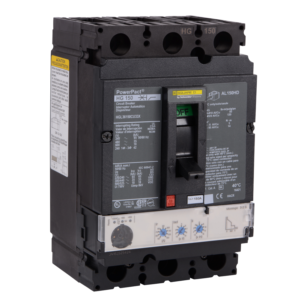 HGL36150CU33X – Circuit breaker, PowerPacT H, 150A, 3 pole, 600VAC, 18kA, lugs, Micrologic 3.2S, 100%
