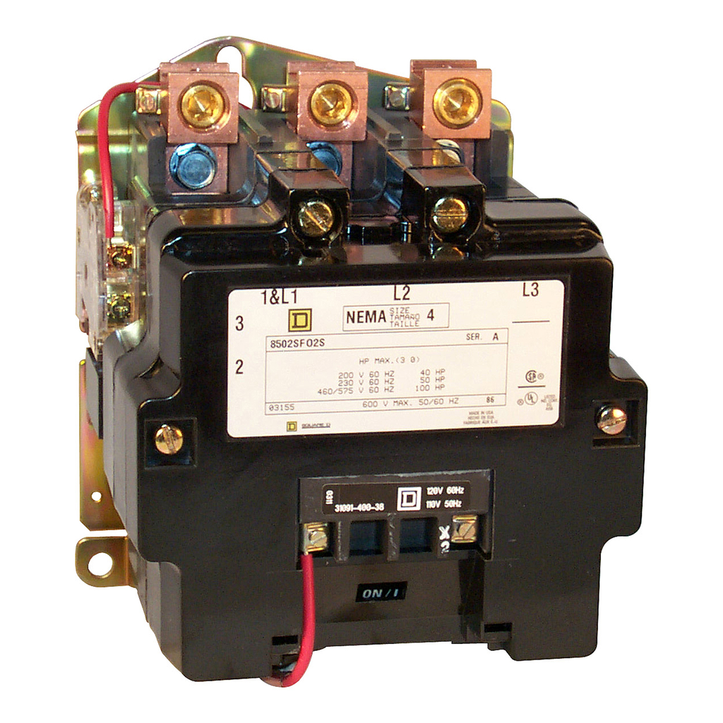 8502SFO2V08 – NEMA Contactor, Type S, nonreversing, Size 4, 135A, 100HP at 575VAC, 3 phase, up to 100kA, 3 pole, 208VAC coil, open