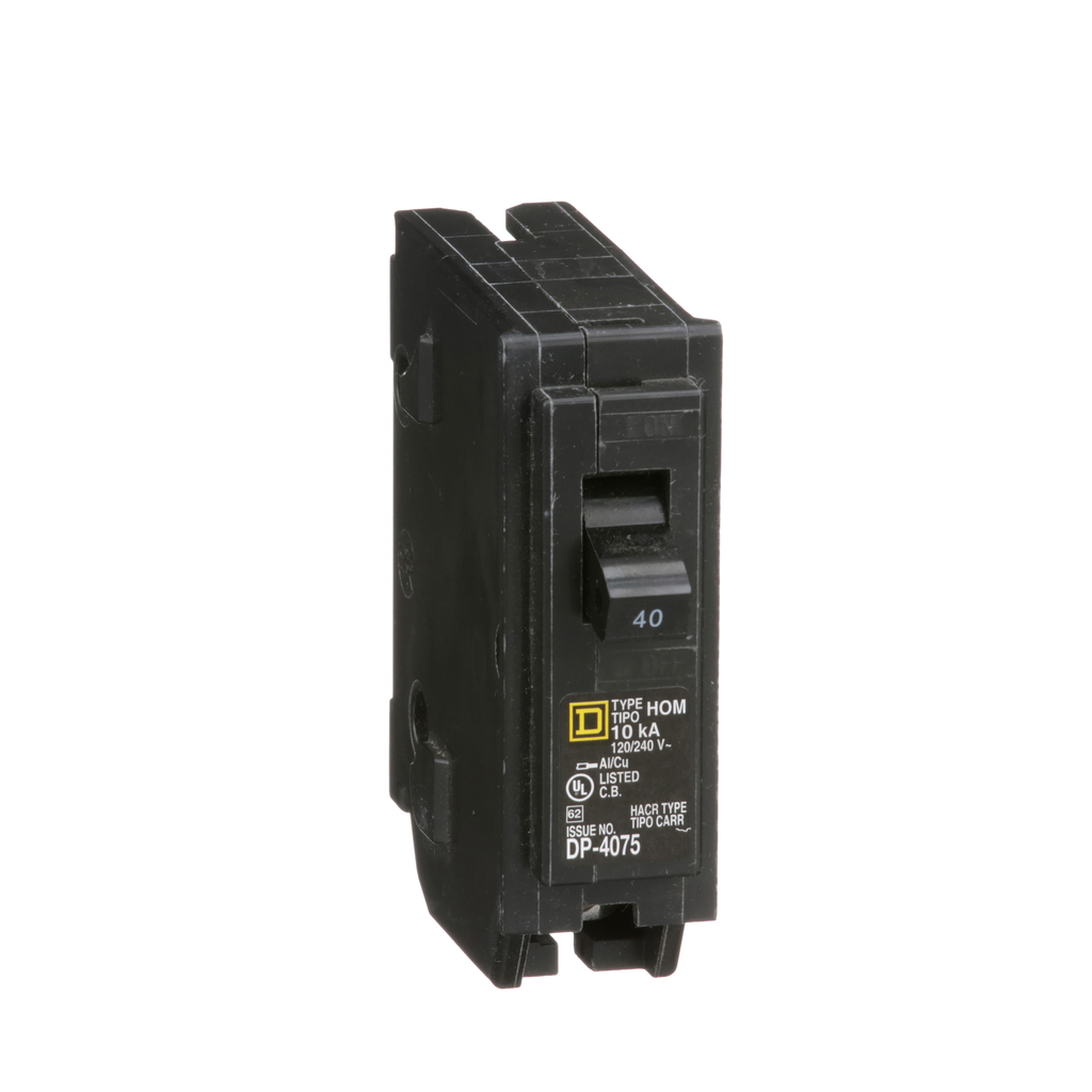 HOM140 – Mini circuit breaker, Homeline, 40A, 1 pole, 120/240VAC, 10kA AIR, standard type, plug in, UL