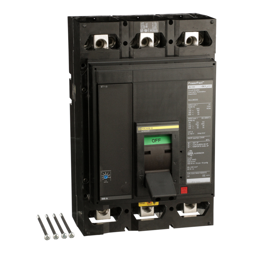 MJL36500 – Circuit breaker, PowerPacT M, 500A, 3 pole, 600VAC, 25kA, lugs, ET 1.0, 80%