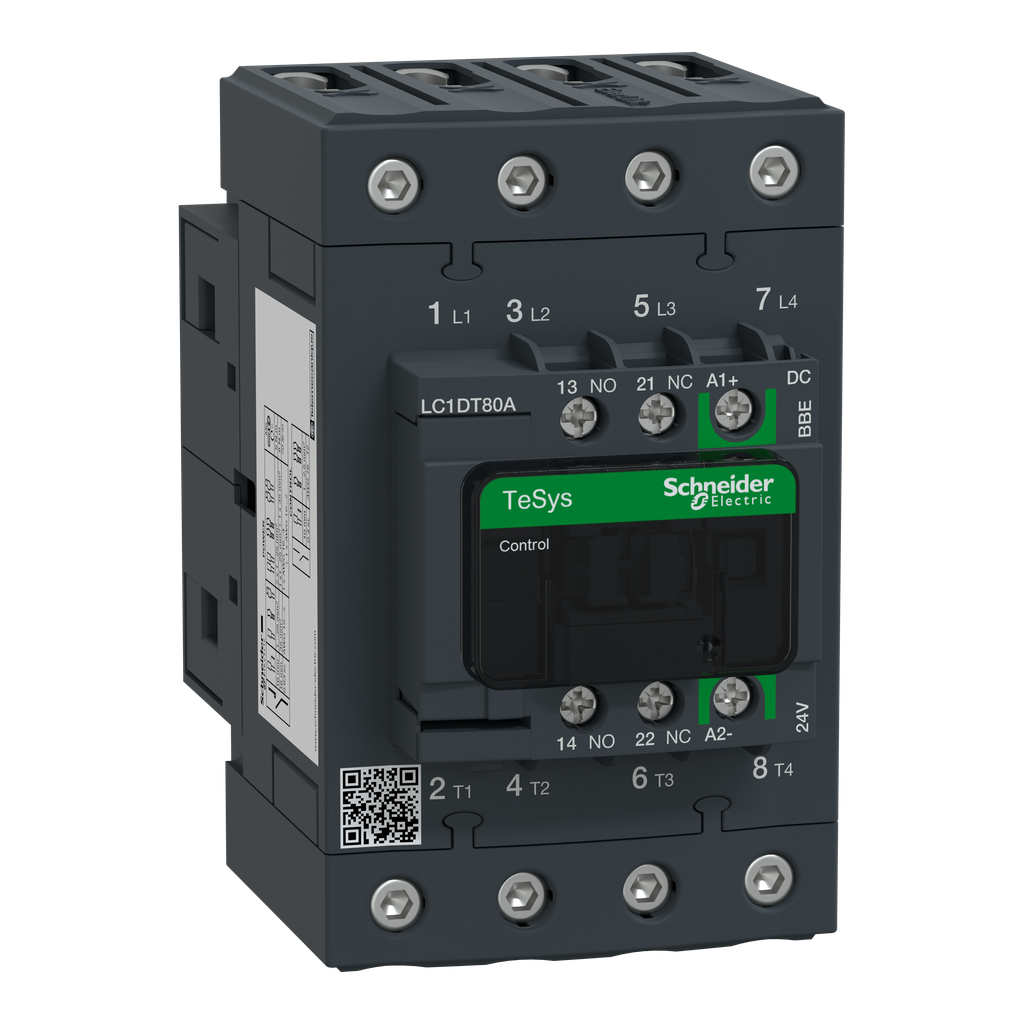 LC1DT80ABBE – IEC contactor, TeSys Deca Green, nonreversing, 80A resistive, 4 pole, 4 NO, 24VDC coil, open style